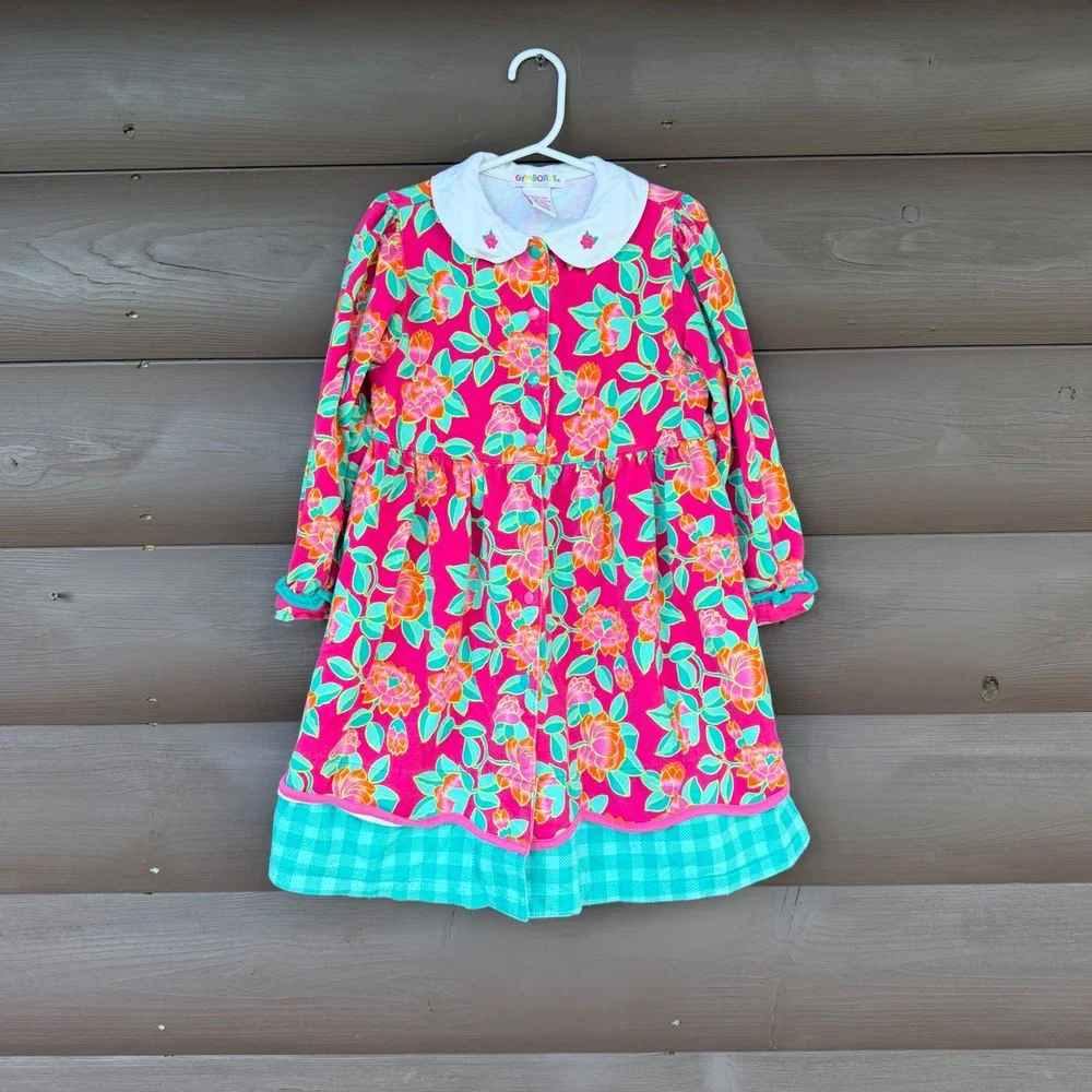 Gymboree Floral Dress Kids Size Large Pink Orange Teal Long Sleeve Button Front